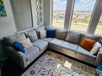 Gray Fabric Sectional Sofa with Nailhead Trim