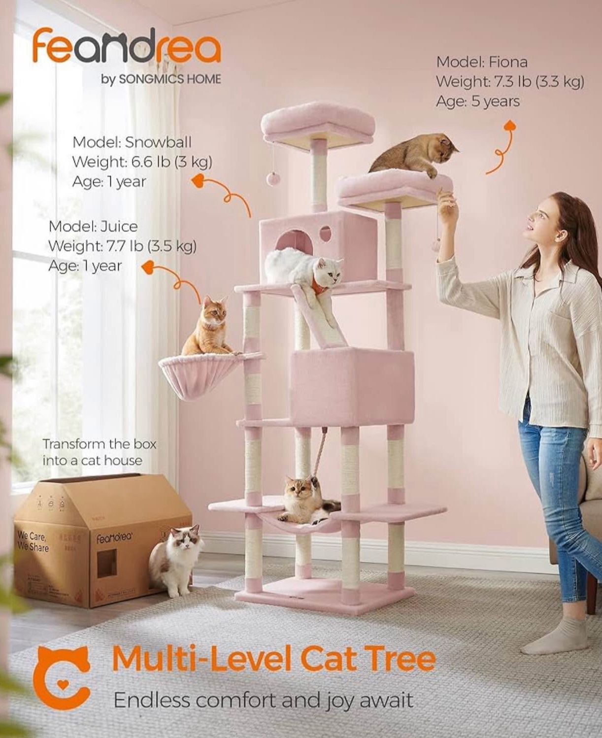 Cat Tree, 81.1-Inch Large Cat Tower with 13 Scratching Posts, 2 Perches, 2 Caves, Basket, Hammock, Pompoms, Multi-Level Plush Cat Condo fo