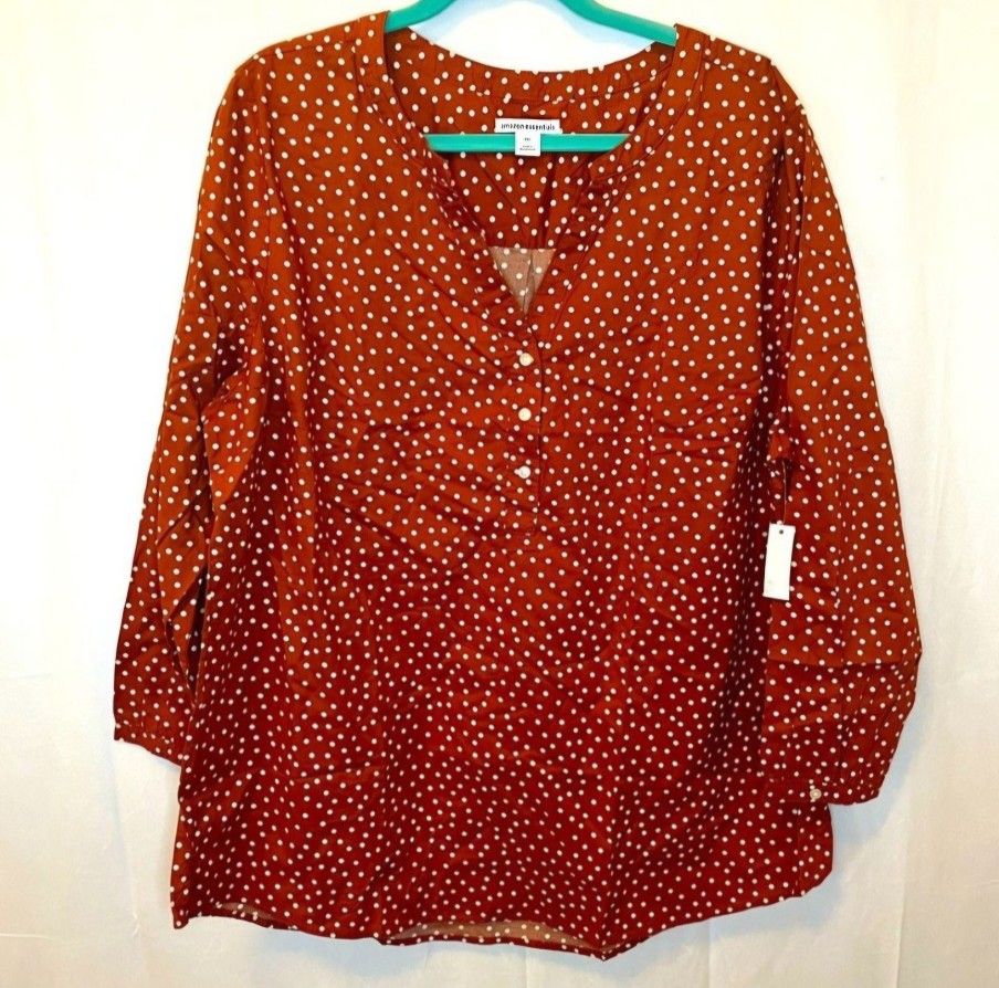 XXL Woman's Amazon Essentials Deep Brown, White Polka Dot Print Blouse