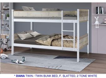 Twin bunk bed. Available in espresso, white, & grey. Bunk bed only-$220. With mattresses-$399. Assembly required. Assembly not included. Tax included.