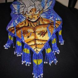  Goku  (A.U.I) Beaded Medallion Necklace w/leather back. Autonomous Ultra Instinct, dangling beads are dragon Ball fringe. OBO