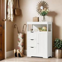 Wood Bathroom Floor Cabinet with 3 Drawers and 1 Cupboard Free Standing Storage Organizer Hallway Entryway Cabinet for Living Room Kitchen