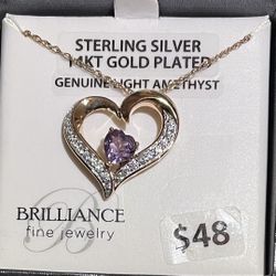 Treated Amythyst Heart Pendant in Sterling Silver or 14K Gold Plate