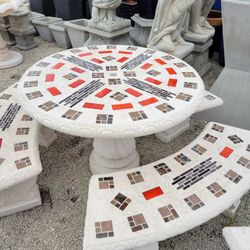 Concrete Mosaic Picnic Table with 3 Benches/ Outdoor Patio Furniture