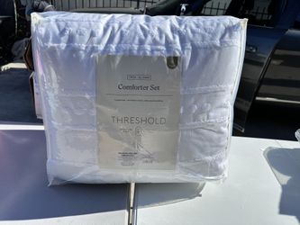 4pc Twin/Twin Extra Long Clipped Stripe Poms Comforter Bedding Set White - Threshold™: Dobby Polyester, OEKO-TEX Certified