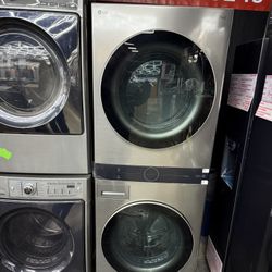 new open box LG WashTower Stacked SMART Laundry Center 4.5 Cu.Ft. Front Load Washer & 7.4 Cu.Ft. Gas Dryer in Black Steel w/ Steam
