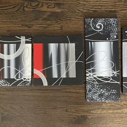 Modern Abstract Geometric Canvas Art (Set of 4) - Contemporary Wall Decor (Black, Red, Grey, White)