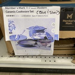 Member's Mark 11-Piece Modern Ceramic Cookware Set in Blue Silver