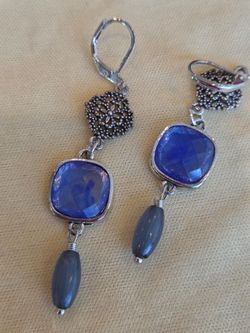 Blue Stone Drop Earrings Silver Tone