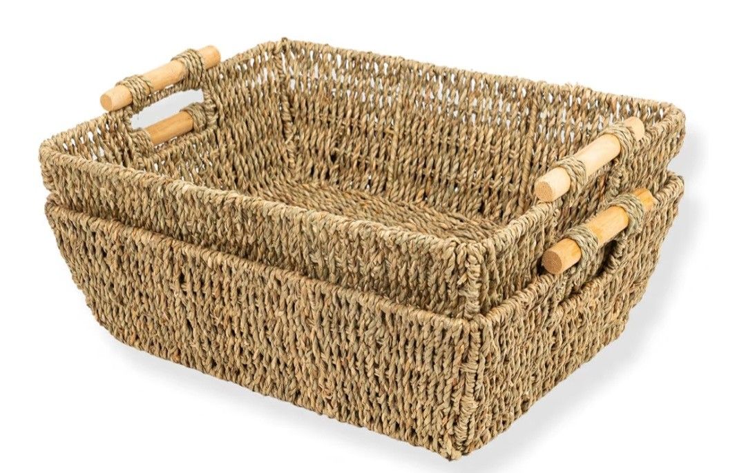 Wicker Storage Baskets for Shelves with Wooden Handles