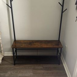 Entryway Bench, Coat Stand with Storage, Wood Seat and Mesh Shelves