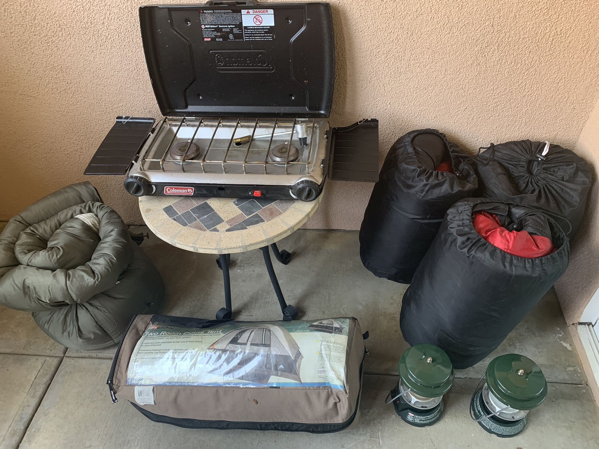 Camping Gear - Ozark Trail Tent Two Room12x10ft- 4 Sleeping Bag - 2 Propane Lamps - One Gas Stove