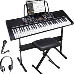 61-Key Portable Electric Keyboard Piano with Built In Speakers, LED Screen, Headphones, Microphone, Piano Stand, Music Sheet Stand and Stool