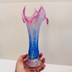 Murano Inspired Art Glass Hand Blown Pink Blue Green Swirl Trumpet Tulip Vase