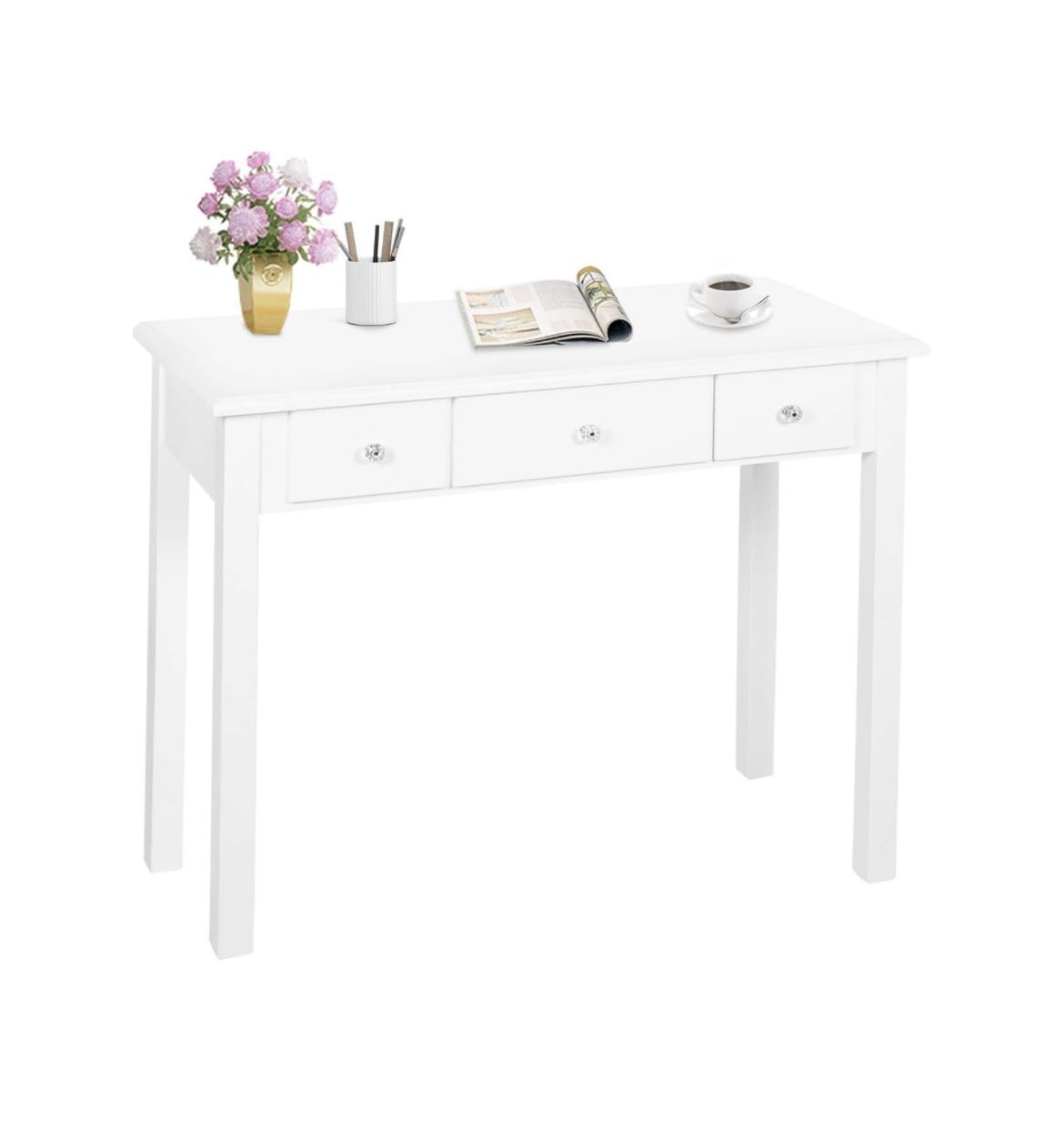  Office Small Writing Desk with Drawers Bedroom, Study Table for Adults/Student, Vanity Makeup Dressing Table Save Space Gifts White (White)