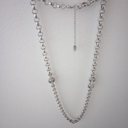 Cold Water Creek Silver And Crystal Necklace 34 In And 3 In Extension Chain 