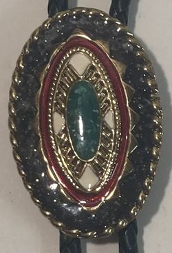 Vintage Metal Bolo Tie, Nice Brass with Turquoise Stone Design, Enamel, Nice Western Design, 2" x 1 1/4", Quality, Heavy Duty, Made in USA, Country & 