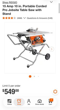 Rigid Table Saw  15 AMP 10in