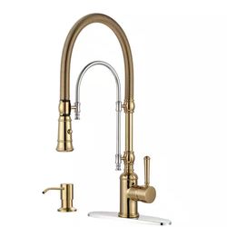 Single Handle Convenient Pull Down Sprayer Kitchen Faucet in Gold and Chrome with Soap Dispenser