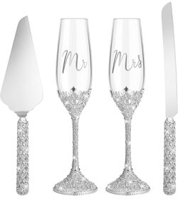 Sratte 4 Pcs Wedding Cake Knife And Champagne Flutes Server Set, Toasting Crystal Rhinestone Champagne Flutes Glasses Cake Knife Pie Server Wedding Gi
