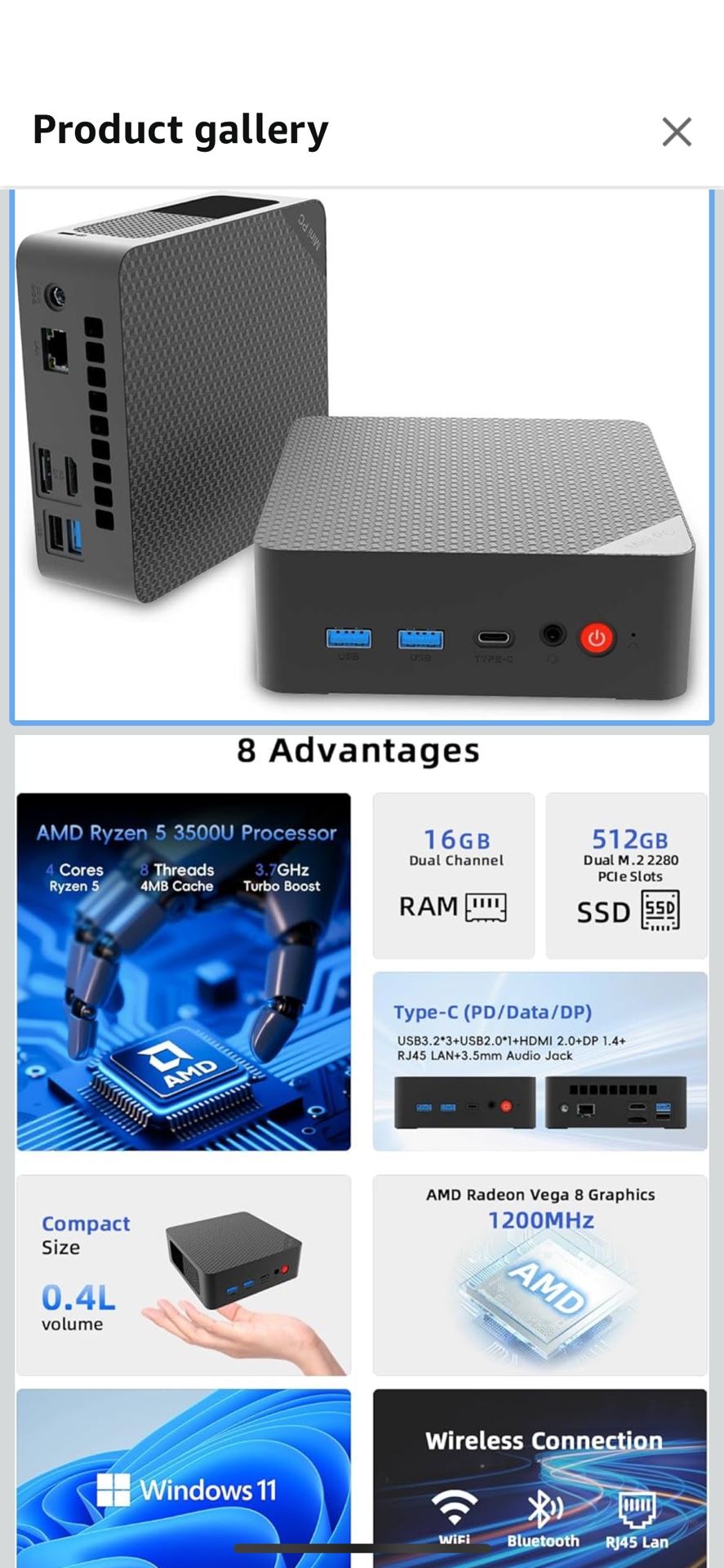 Mini PC, AMD Ryzen 5 3500U (Beats N150/N97), 16GB RAM 512GB SSD, Windows 11 Desktop Computers Home Office Business Students, Type-C PD, 4K Triple Disp