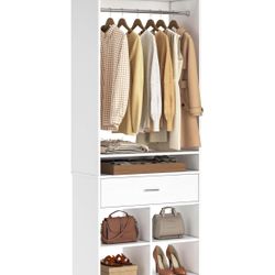 Freestanding Closet System with Wood Drawer and 4 Cubby Storage, Closet Organizer with Hanging Rods & Shelves, 25‘’W X 80'' H Clothes Garment Rack, Wa
