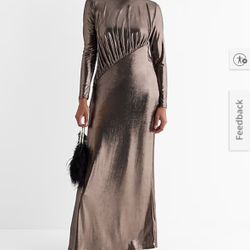 Express Metallic Boat Neck Long Sleeve Ruched Top Maxi Dress