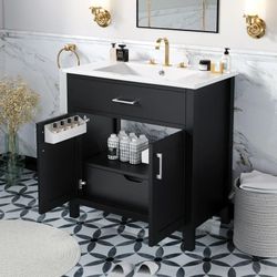 NEW Black 30 in. W Freestanding Bath Vanity with White Ceramic Top and Sink, 2 Doors
