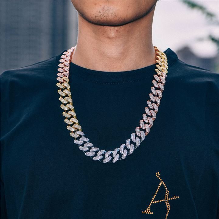 19mm Tri-Colored Iced Out Cuban Link Chain 20inch RETAIL 309.99USD NEW