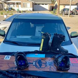 Snowboard and boots.