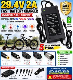 29V 2A Electric Scooter & E-Bike Battery Charger – 58W Smart Charger with 5 Interchangeable Connectors – SGS Certified