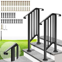 VIVOHOME 2-Pack 2 Step Galvanized Steel Hand Rails for Outdoor Steps – Curved Ends and Safety Balusters Exterior Railing for Porch, Deck, or Indoor St
