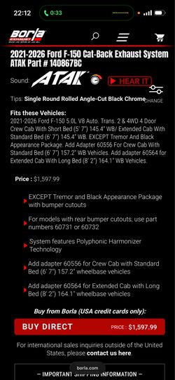 Borla ATAK exhaust for 2021-2026 F150