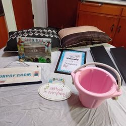 Wall Art, Shelves, Pink Planter Bucket Plus All Pieces For 