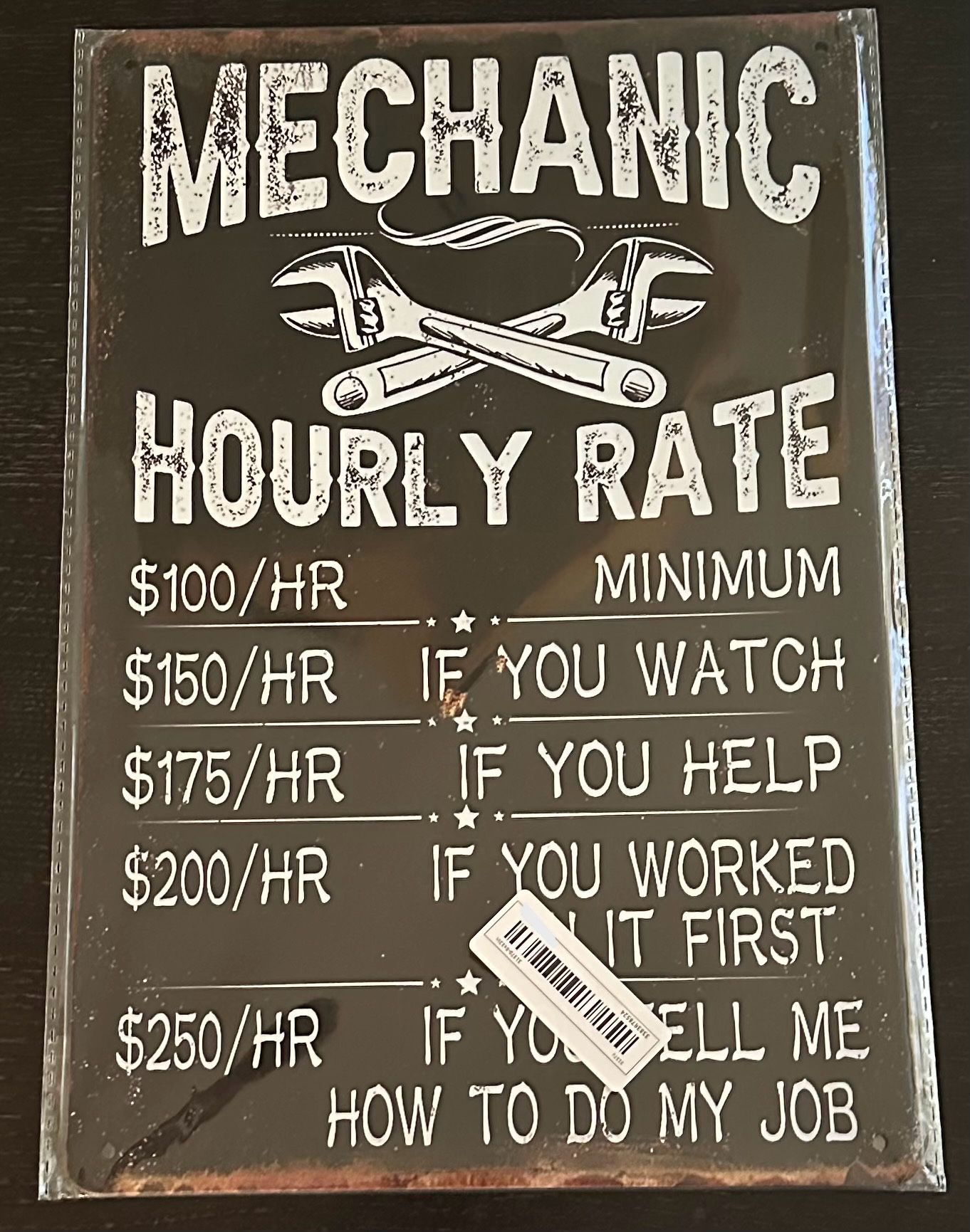 Mechanic Hourly Rate Metal Sign