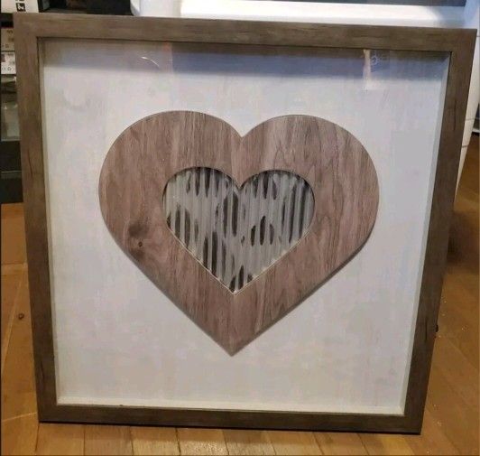 Unique Modern Farmhouse Wood & Corrugated Steel Heart Shadowbox Decor 19.5x19.5