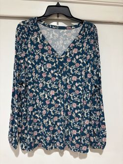 croft & barrow Teal Floral V-Neck Long Sleeve Top