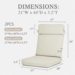 Set of 4, cushion only 21" x 44" x 3.2" Polyester High Back Segmented Outdoor Chair Cushion, Water Resistant & Fade Resistant Removable Cover, Ties an