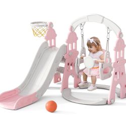 4-in-1 Kids Slide and Swing Set, Toddler Slide with Basketball Hoop