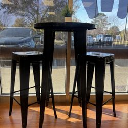 2 Tall Metal Cocktail Tables + 4 Metal Barstools
