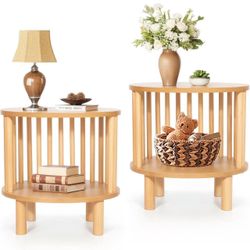 Modern Round Bamboo 2-Tier End Table