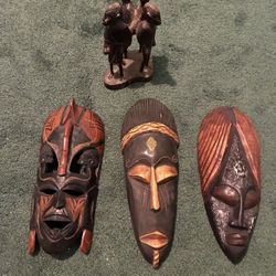 Set of Hand-Carved Wooden African Masks and Figurine 
