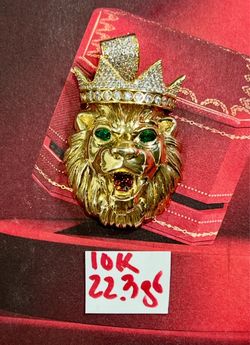 For Wedding 10K Solid Gold 🦁 Head Pendant CUBIC ZIRCONIUM STONES 22.3Gr