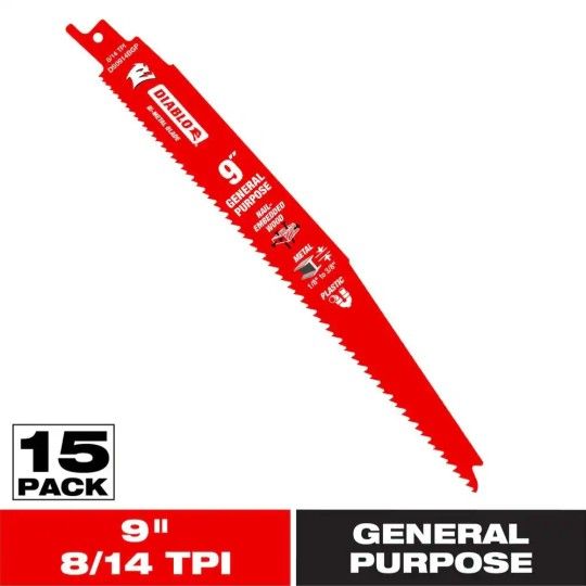 DIABLO 9 in. 8/14 TPI (15-Pack) Bi-Metal Reciprocating Saw Blades for General Purpose Cuts (Model: DS0914BGP15)