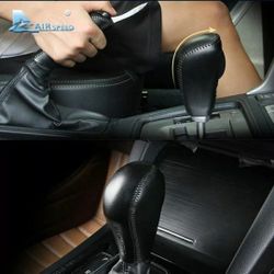 Real Leather Gear Shift Knob Cover and Brake Sleeve for Subaru (Black)
