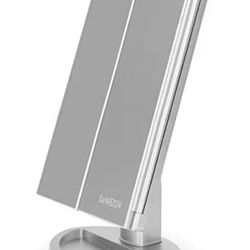 DeWeisn Tri-Fold Lighted Vanity Mirror with 21 LED Lights – Touch Screen, 3X/2X/1X Magnification