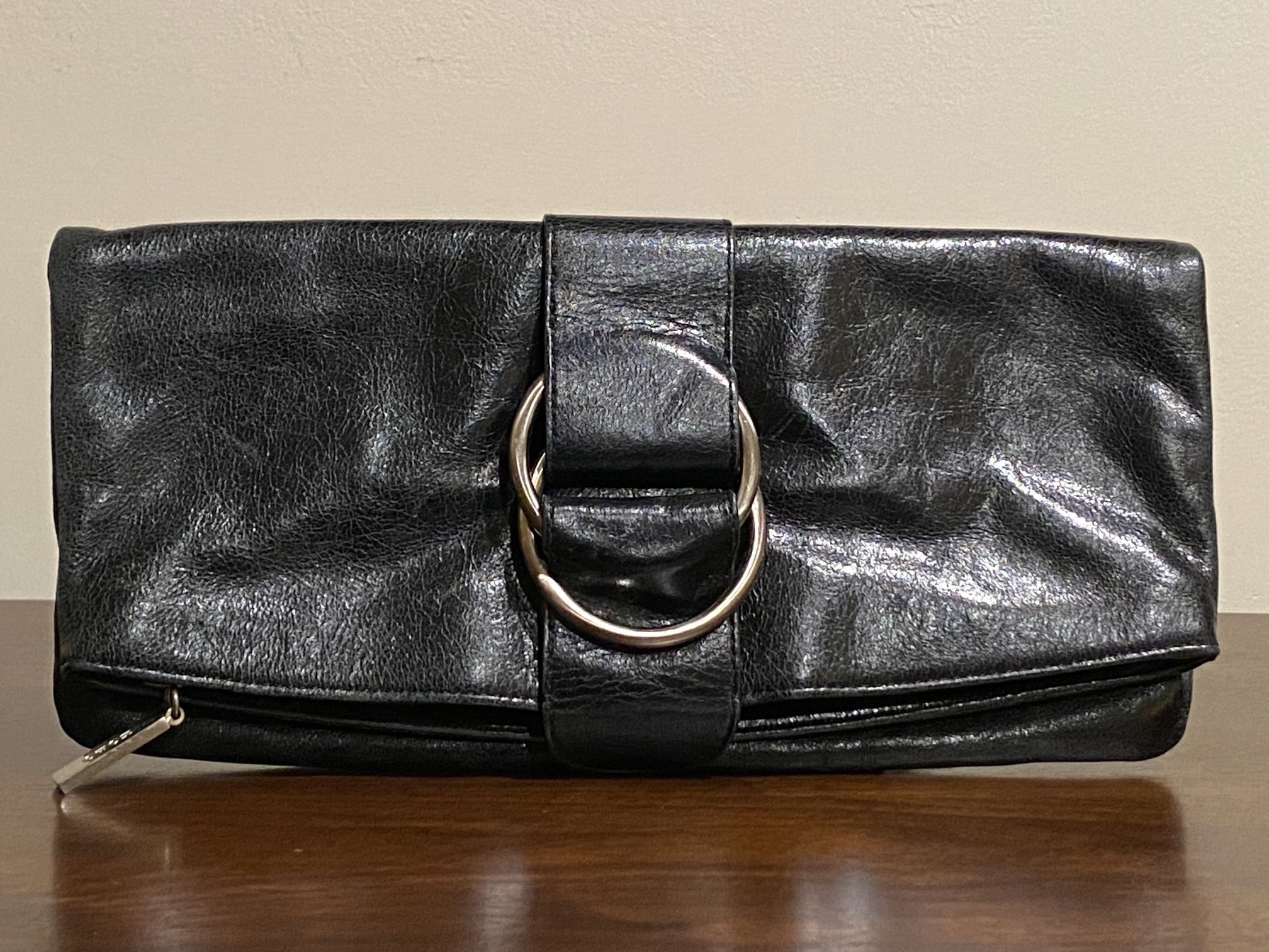 HOBO black leather envelope clutch with oversized silver buckles + dust bag - GREAT CONDITION