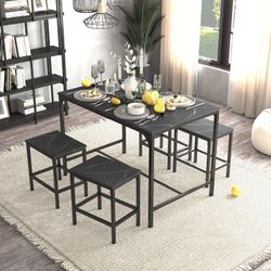 Homy Casa Moreman Marble Black Dining Table Set (1 Table + 4 Stools)  
