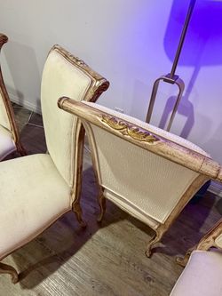 Title: Set of 5 Vintage French Provincial Dining Chairs – Ornate Gold Wood Frames