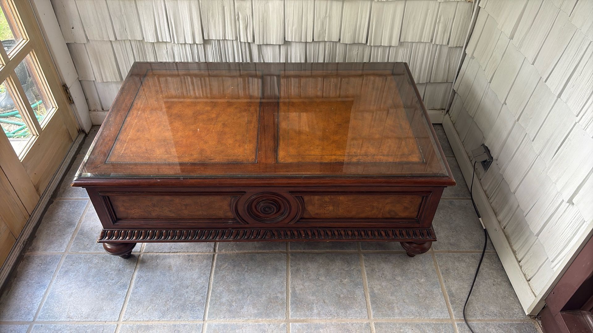 Hardwood Coffee Table With Glass Top and Pull Out Drawers